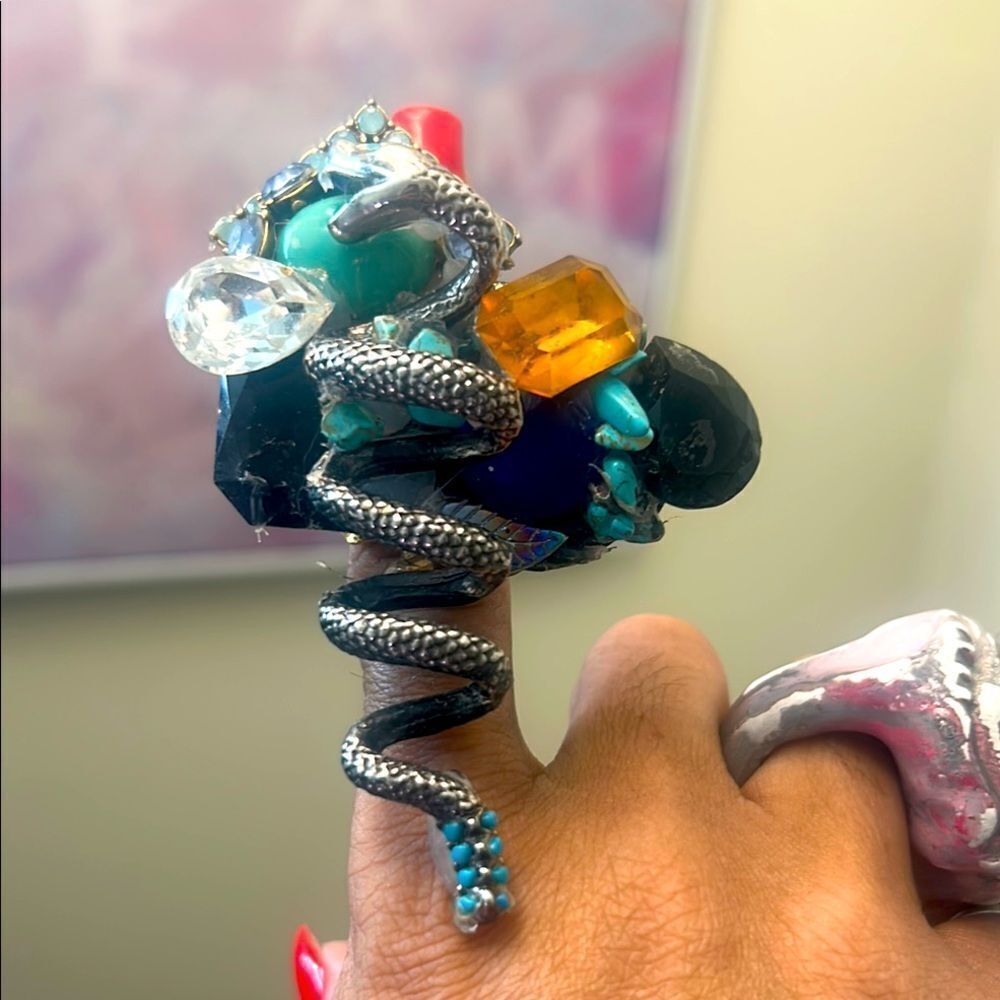 Wendy Gell Handmade Silver Snake Ring with Multicolor Gemstones,Signed